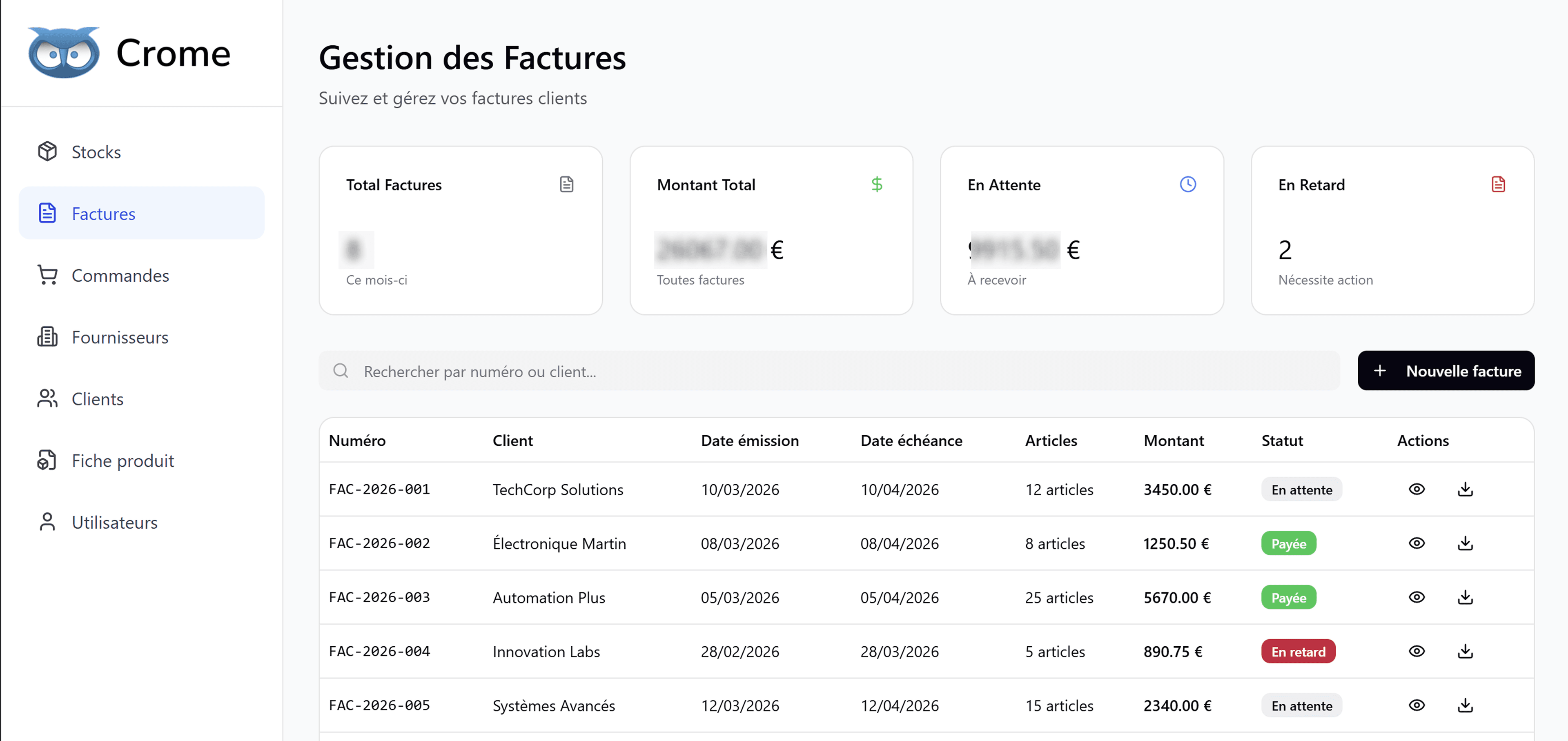 L'outil Crome : écran de gestion des factures, liste des factures avec leur statut et leurs échéances